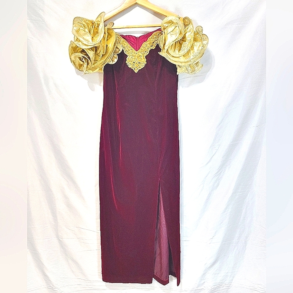 Vintage Red Velvet 90s Prom, Metallic Dramatic Sleeves, Evening Gown Maxi Dress